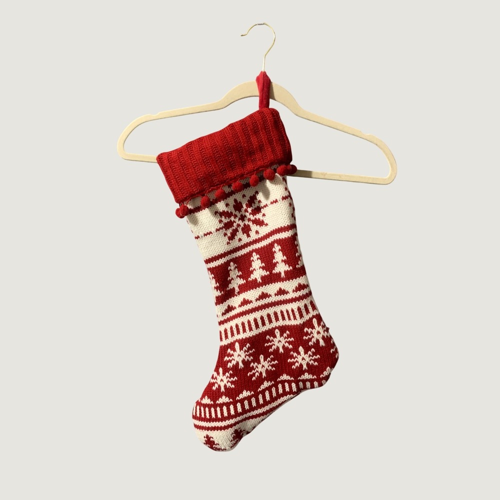 Christmas Stocking Fair Isle Snowflake Pine Tree Knit Red White Pom Pom Holiday